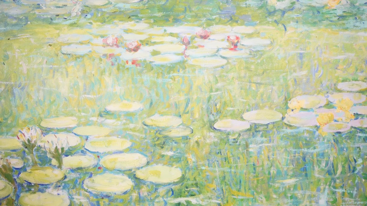 A large oil on canvas in the manner of Monet's Water Lilies. H.111 W.134cm