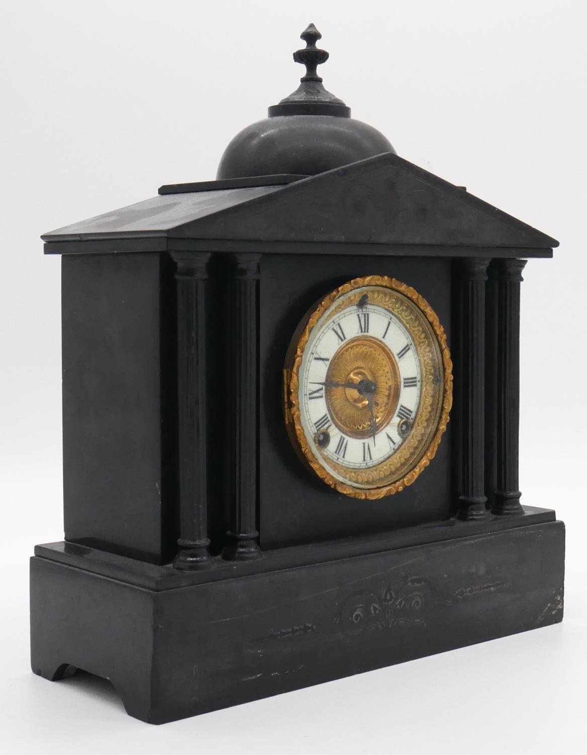 A 19th century slate mantel clock of architectural form with eight day movement. H.40cm - Image 5 of 6