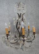 A vintage metal framed six branch ceiling chandelier with cut crystal drops. Dia.46cm