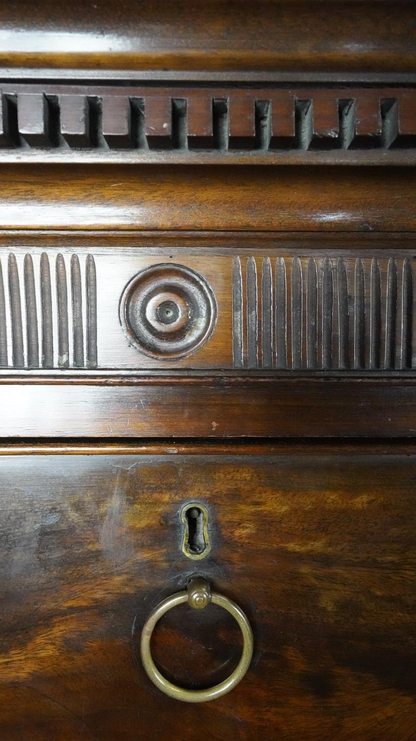 A 19th century mahogany chest on stand with dentil cornice above two short and three long drawers on - Image 3 of 4