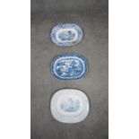 Three large blue and white 19th century transfer design meat platters, one with blue willow
