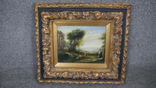 K Adams (20th century) A gilt framed oil on panel, young lovers within an Italian garden setting