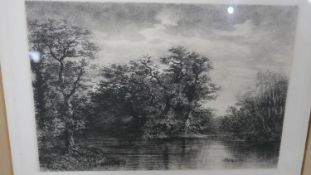 A framed and glazed etching of a lake scene titled 'La Mare aux Chenes'. H.37 W.43cm