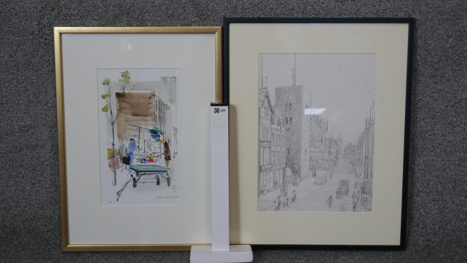 Edna Lumb- A framed and glazed watercolour on paper of a market street, signed and dated with - Image 6 of 9