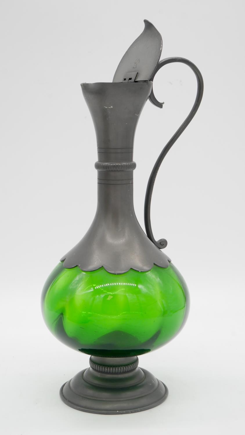 A French Art Nouveau style green glass and pewter ewer with hinged lid. Makers stamp to the base. ' - Image 2 of 4