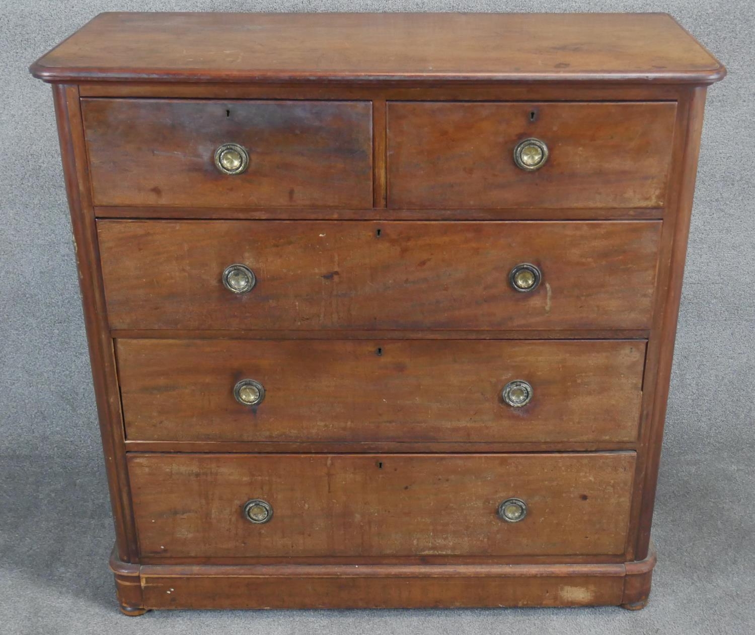 A Victorian mahogany chest of drawers with moulded rounded corners resting on plinth base. H.118 W. - Image 2 of 6