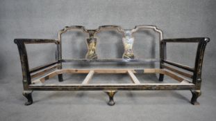 A black lacquered triple back bergere sofa frame with hand painted Chinoiserie decoration. H.87 W.