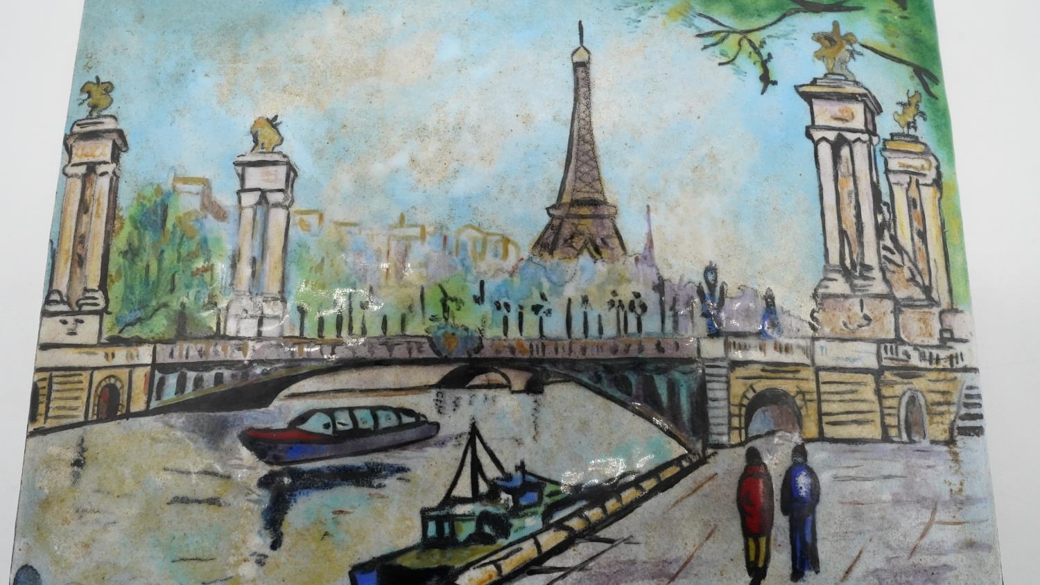 An antique enamel on copper plaque depicting a Parisian embankment scene. H.10.6 W.15.5 - Image 4 of 6