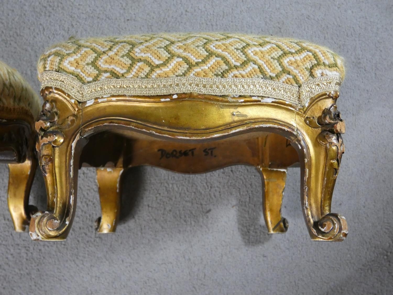 A pair of late 19th century carved giltwood footstools in tapestry upholstery on squat Rococo carved - Image 6 of 10