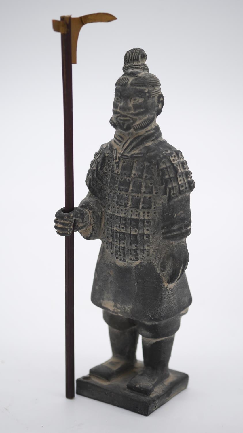 A pair of Tang style salt glaze ceramic tomb attendants, one playing an instrument along with a - Image 4 of 6