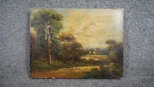 E. Junge- An oil on canvas of a landscape with church in the distance. Signed E. Junge. H.31 W.41