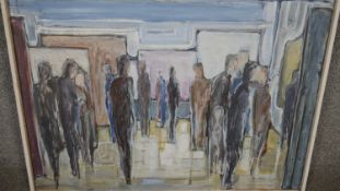 Judith Valentine Lumley, a framed oil on board, People at an Exhibition, label to reverse. H.54 W.