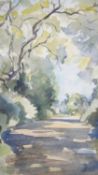 A framed and glazed watercolour of a Kent countryside lane. Signed by Winifred A. Forster. Label