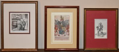 A signed engraving along with two framed prints; coat of arms and a medieval musician. H.31 W.22cm