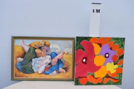 A framed oil on canvas and an unframed still life of flowers