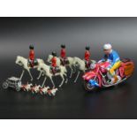 Tin plate clock work motorcycle , four die-cast Horse Guards and a Lesney coach and horses.