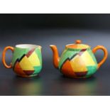 Art Deco geometric Dean & sons pottery teapot and milk jug. Teapot 13 cm high. UK Postage £15.