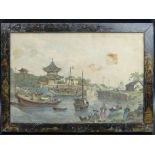 19th century Chinese hand tinted lithograph of a river scene. 38 x27 cm. UK Postage £12.