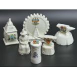 Six items of novelty crested china items, various crests inc. Gretna Green, Southsea and Norwich. UK