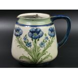 Moorcroft Macintyre Art Nouveau Cornflower design, pewter lidded pottery water jug. 12.5 cm high. UK