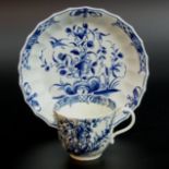 Worcester blue and white porcelain fluted coffee cup and saucer dish, circa 1765. Dish 14 cm in