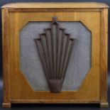 Classic Art Deco walnut and Bakelite speaker housing. 20cm deep x 39cm high x 41cm wide. UK