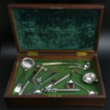 Old mahogany baize lined box with assorted cutlery inside. 35 x 23 x 7.5 cm. UK Postage £20.