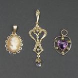 14 ct gold seed pearl and sapphire pendant, a 9 carat gold cameo and a yellow metal seed pearl and