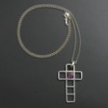 Sterling silver and Blue John set cross pendant and 44 cm chain. 6.6 grams. Cross 40 x 23 mm. UK