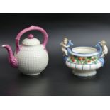 Victorian Copeland basket weave design pottery teapot and a K.P.M figural porcelain vase. Teapot
