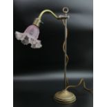 Edwardian brass height adjustable table lamp with a cranberry glass shade. 55 cm high. UK Postage £