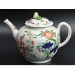 Antique Worcester hand painted famille verte porcelain teapot, circa 1770. 19cm long x 14.5 cm high.