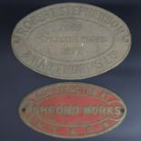Two 1940's brass Railway train works plaques. 32.5 cm and 28.5 cm wide. UK Postage £20.