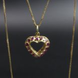 9 carat gold sapphire and ruby 'Night and Day' pendant and 46 cm box link chain. 2.8 grams.