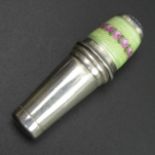 Sterling silver and enamel thimble and cotton reel holder. 53 mm x 17 mm. UK Postage £10.