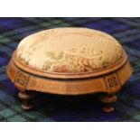 Victorian walnut inlaid footstool. 31 cm diameter. UK Postage £20.