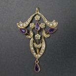 Edwardian amethyst and seed pearl 9 carat gold pendant. 2.4 grams 28 x 40 mm. UK Postage £10.