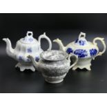 Three Victorian porcelain Rococo form teapots, circa 1850. Largest 20 cm high. UK Postage £20.