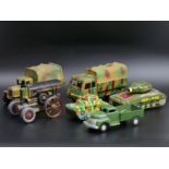 Two vintage tin plate tanks, model traction engine and army trunks. Longest truck 17cm. UK