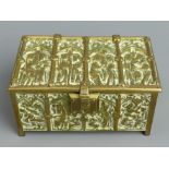 Victorian brass jewellery casket, decorated with religious scenes in low relief. 15 cm x 10.5 cm x 8