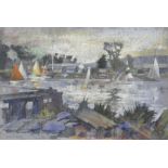 Leslie F. Belton (1912-1992) pastel of a boatyard. 51 x 66 cm.