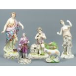 Four 19th century porcelain figures of classical form and a figure of a lamb. Tallest 21 cm. UK