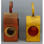 Two vintage metal road lamps, a yellow Chalwyn Road Workers example and a Red Ventas one. 39 cm