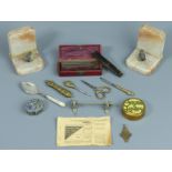A cut throat razor set, 19th century sewing tools, enamelled white metal box and other collectable