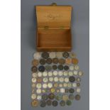 A box of old coins including some Georgian and silver examples. UK Postage £15.