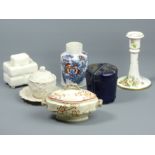 Various 19th century ceramics including a Parian ware preserve pot and stand, a Minton tea caddy and