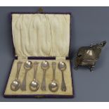 George V set of six silver teaspoons, Sheffield 1921 and a silver mustard pot Chester 1905. 156