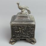 19th century lead tobacco box a with hunting scene theme. 16.5 cm high. UK Postage £20.