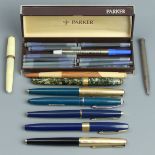 Vintage pens, including Parker, Shaeffer and a silver example. UK Postage £15.