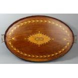 Late Victorian mahogany inlaid gallery tray with brass handles. 69 cm x 45 cm. UK Postage £20.